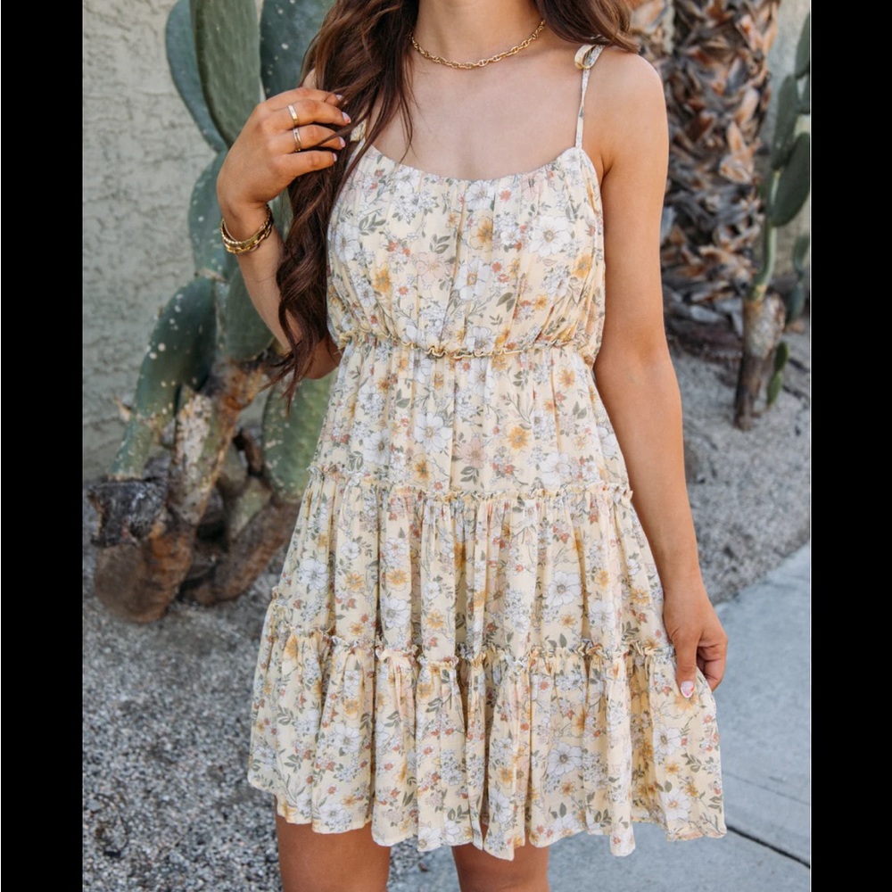 Yellow Floral Print Tie-Strap A-line Flowy Mini Dress, Summer Sundress - Picture 2 of 6